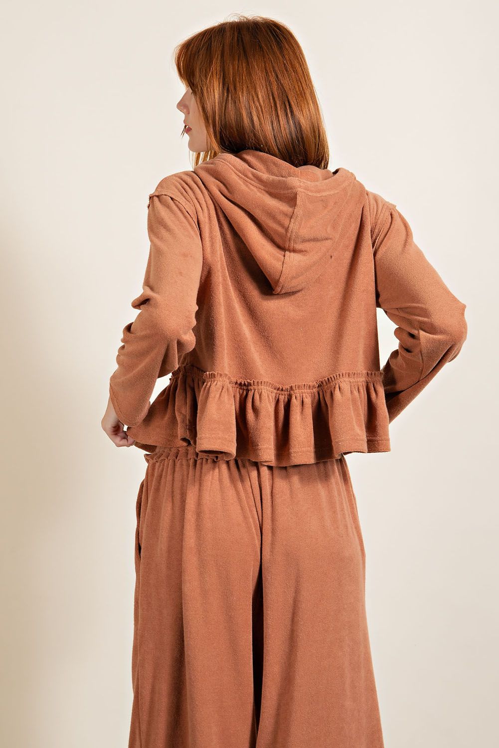 Camel Hoodie Top with Ruffles