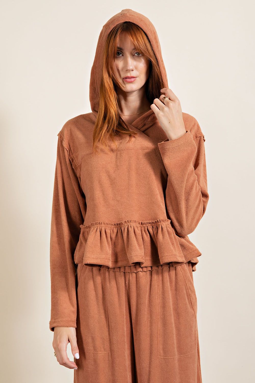 Camel Hoodie Top with Ruffles