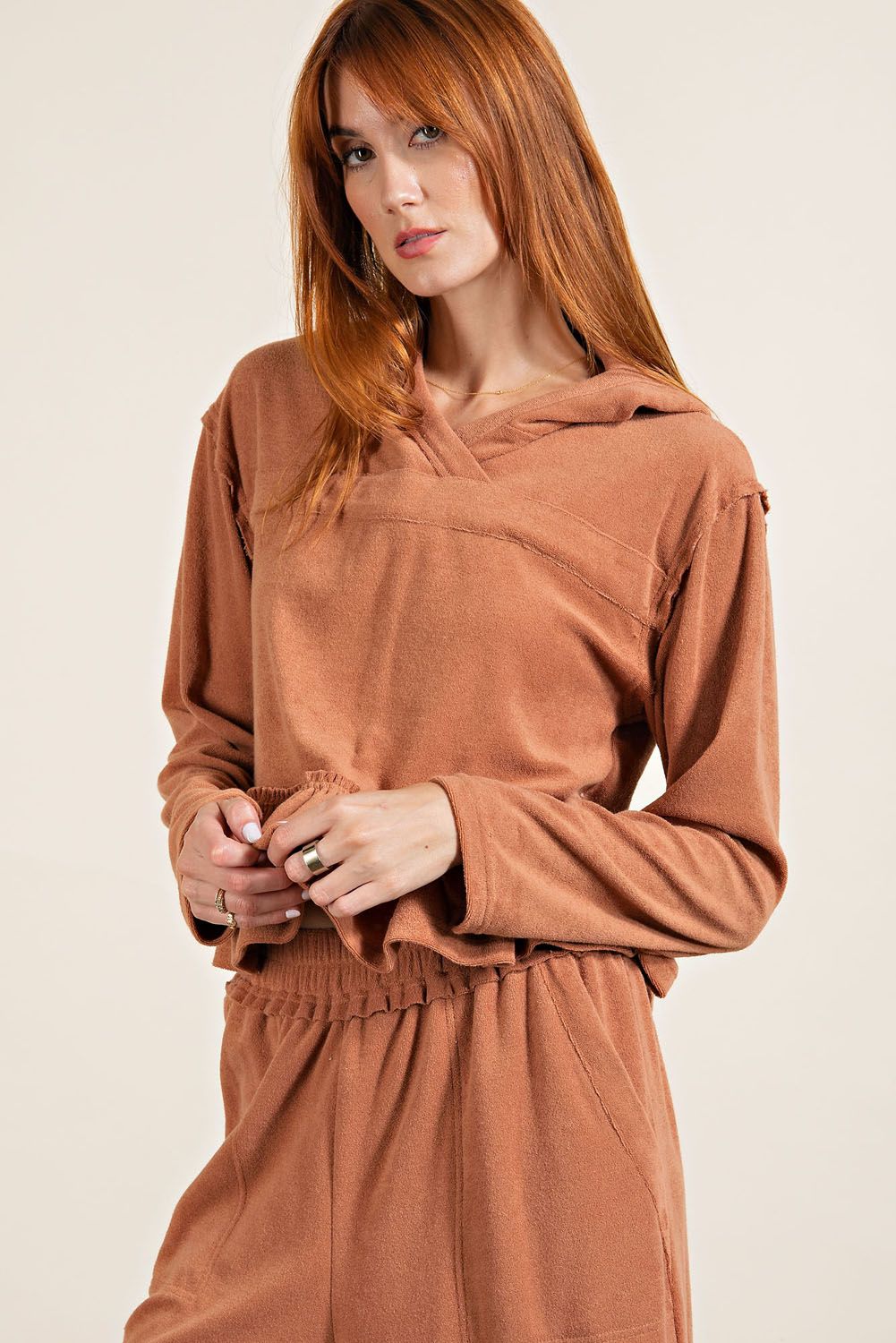 Camel Hoodie Top with Ruffles