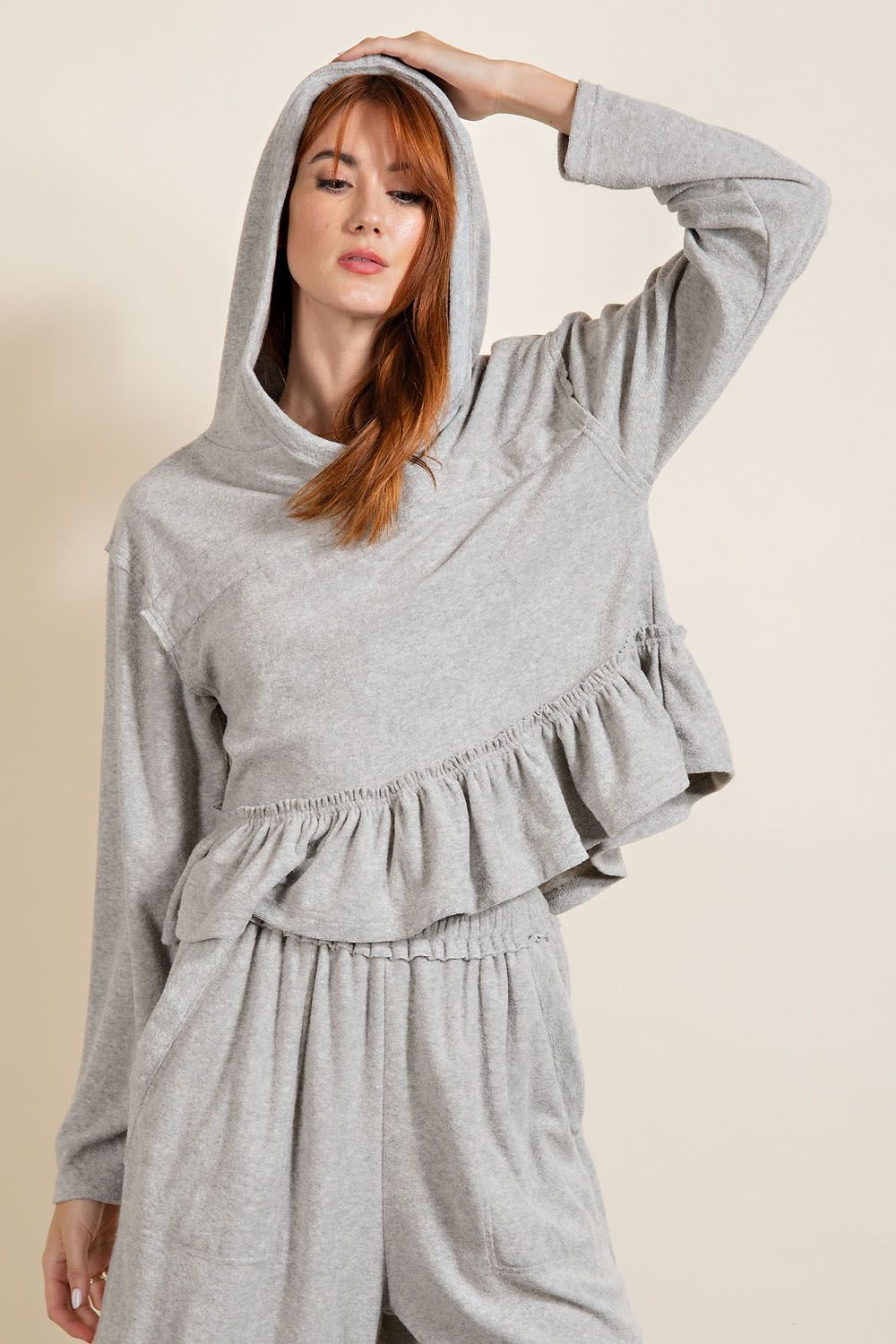 Heather Grey Hoodie Top with Ruffles