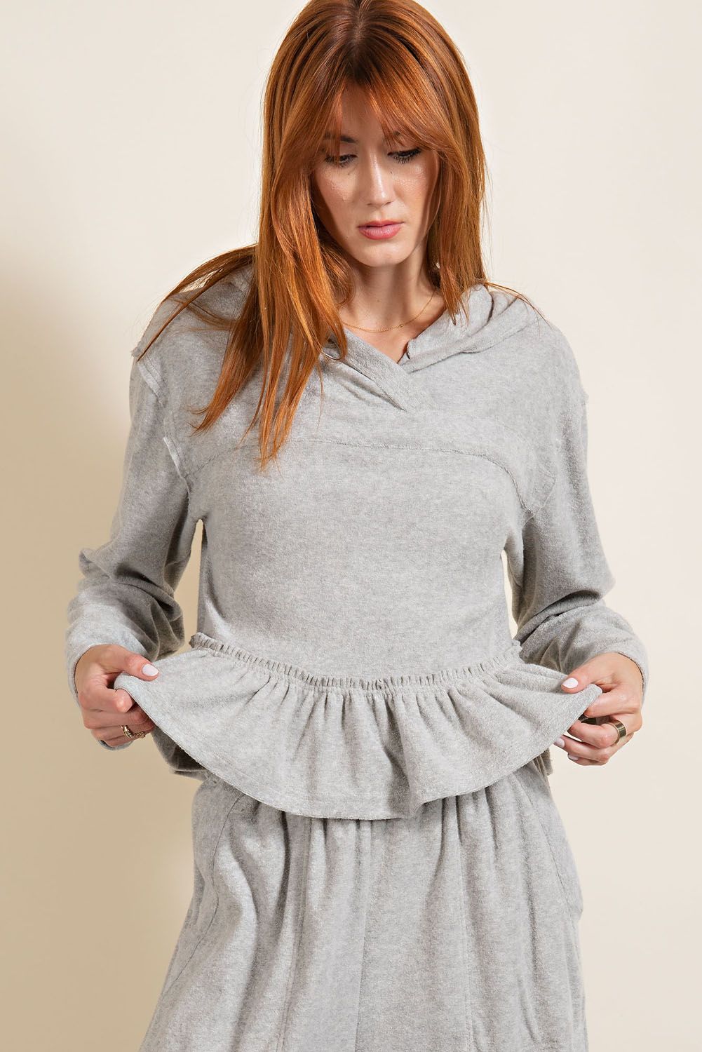 Heather Grey Hoodie Top with Ruffles