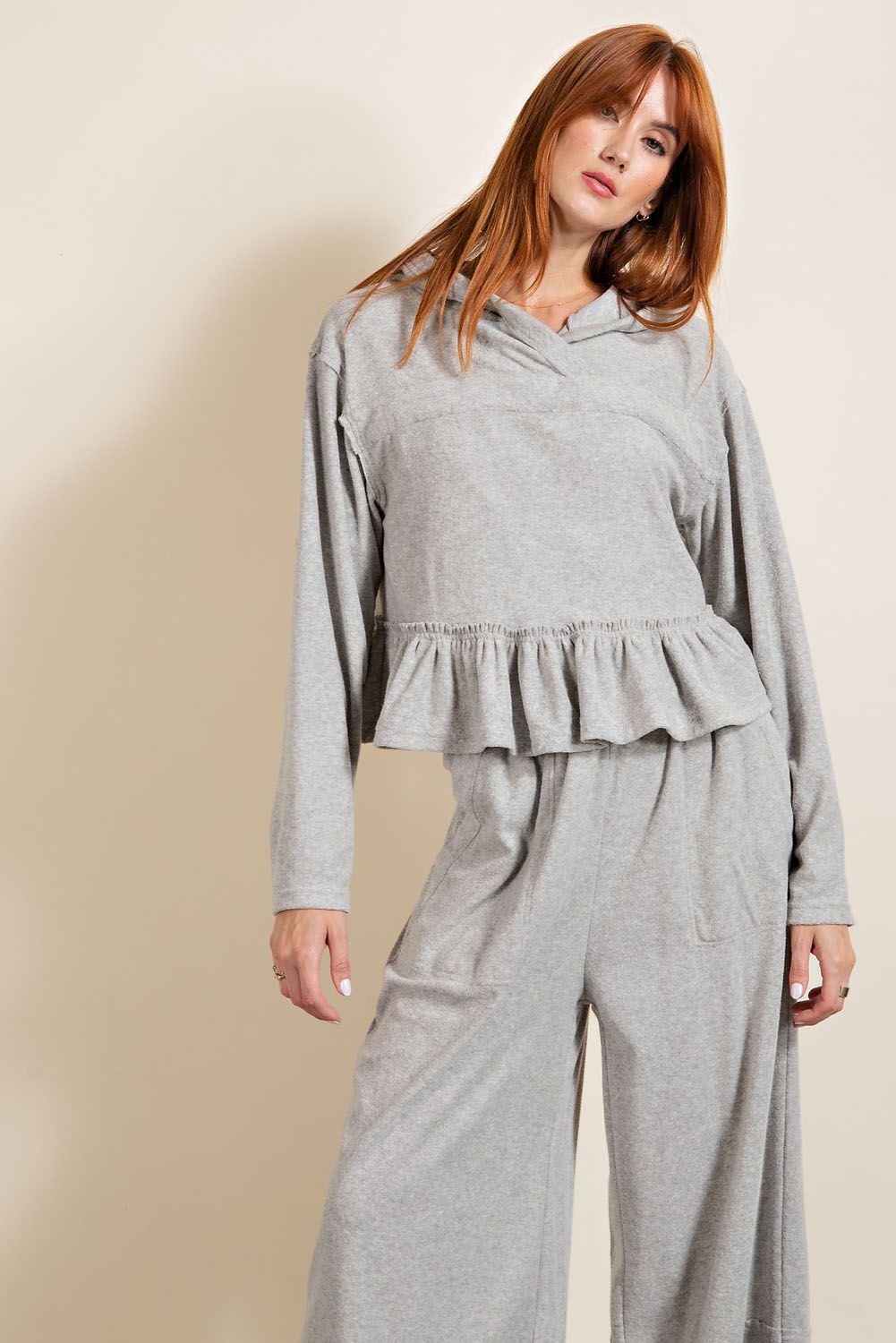 Heather Grey Hoodie Top with Ruffles