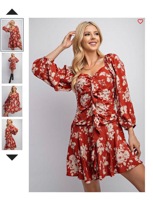 Crimson Floral Printed Fitted Dress