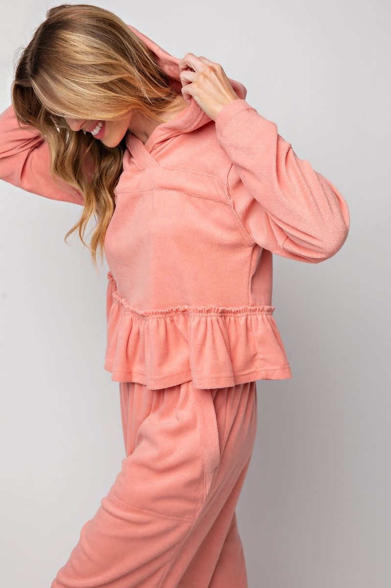 Peach Coral Hoodie Top with Ruffles