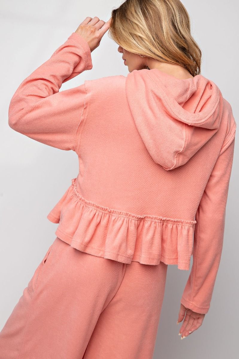 Peach Coral Hoodie Top with Ruffles