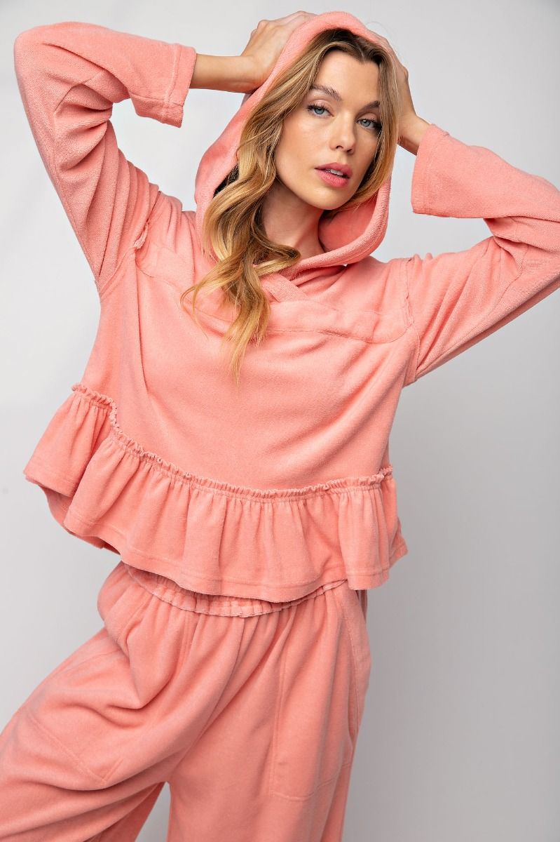 Peach Coral Hoodie Top with Ruffles